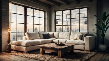 a living room with a couch and a table with a lot of pillows