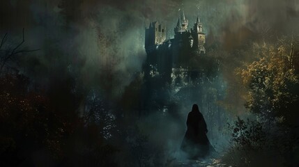 The dark castle is shrouded in mist.