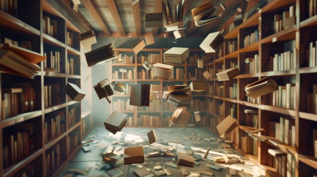 Surreal image of books floating and falling in a library, creating a dynamic and chaotic atmosphere of literature and knowledge.