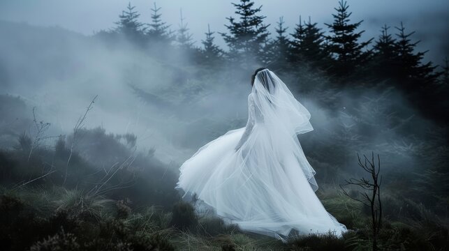 The bride is walking in the woods on her wedding day