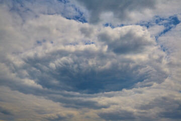 Funnel of blue clouds in the sky closeup, hurricane formation, funnel of clouds
