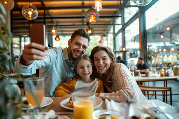 Smiling fother holding cellphone, making selfie shot with his wife and little daughter while having a lunch together at restaurant.