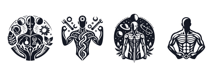 Set of humanoid robot character. Modern science, digital machinery, cartoon collection. Futuristic innovation. Isolated on white background. Vector illustration