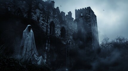 Dark, eerie castle with mysterious mist and a ghostly figure standing silent at dusk, creating a haunting and atmospheric scene.