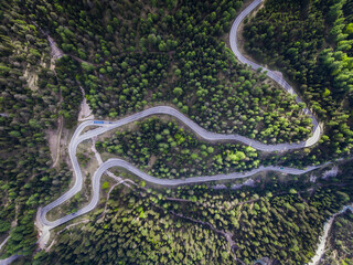 Fototapeta premium Italy, Alto Adige, Dolomites, Mountain street near Malga Ra Stua, aerial view