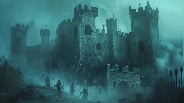 Dark, foggy castle at night, surrounded by eerie atmosphere and ghostly figures. Perfect for fantasy, horror, and medieval themes.