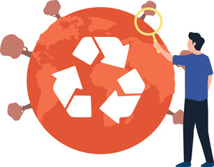 The boy is searching about recycling for environment.