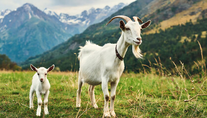 Obraz premium Goat and kid grazing in the meadow: Livestock, Dairy Products and Goat Meat Production.