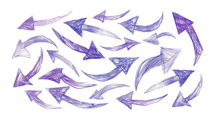 Fototapeta premium Selection of variations of violet arrow guides on a white background