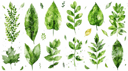 A selection of variations of green leaves on a white background, the concept of spring and summer foliage