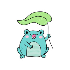 Cute cartoon frog with leaf. Kawaii froggie. Baby animal for childish stickers and prints. Cartoon summer character for kids. Flat childish illustration on a white background