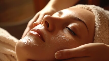 Naklejka premium Face young woman doing facial skin care in a beauty salon, close up view.