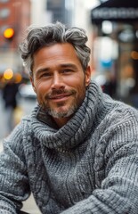 Portrait of a Smiling Man With Gray Hair and a Gray Knit Sweater in a City Setting