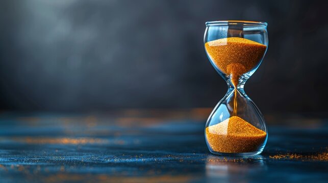 Colorful sand hourglass on blue background with ample space for adding custom text or messages