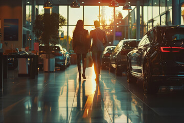 Naklejka premium Couple exiting car dealership after purchase
