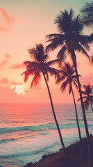 Obraz premium Palm trees on pastel tropical ocean landscape outdoors horizon.