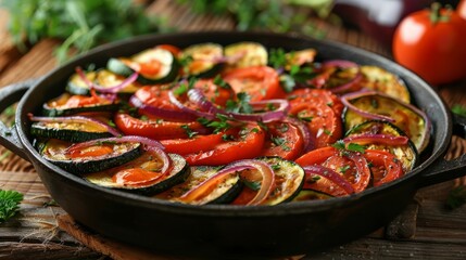 A Cast Iron Skillet Filled With Freshly Baked Ratatouille