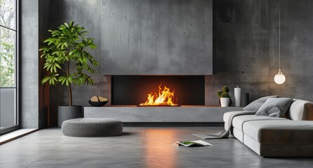 Modern Living Room With Concrete Walls and a Cozy Fireplace