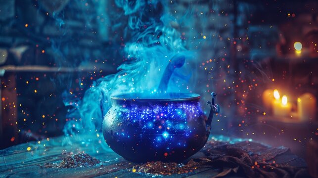 Magical cauldron emitting mystical blue light and sparkles in a dark and enchanting atmosphere, perfect for fantasy and magic themes.