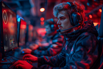 side view of a young gamer in a wireless headset sitting at a table near a monitor with a joystick during an online game