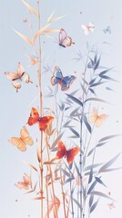 Bamboo with butterflies, pastel colors, flat design, delicate touch, no people