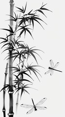 Obraz premium Hand-drawn bamboo and dragonfly, black and white, flat design, intricate detail, no people