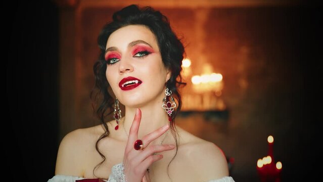 beauty gothic woman vampire posing in dark night room. Fantasy lady queen girl evil sexy face fangs sharp teeth red lips black hair long luxury old style dress. Halloween costume makeup holiday party