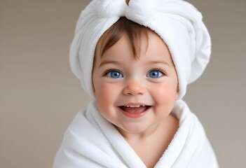 A smiling baby with light skin, blue eyes,