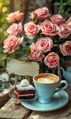  luxurious bouquet of roses, garden in the background, sun, cup of coffee and cake