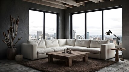 a living room with a couch and a lamp hanging above it