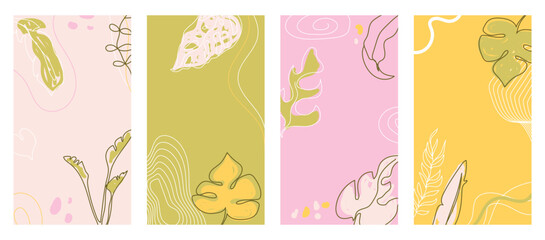 Social media summer story templates with tropical leaves. Pastel color nature backgrounds for poster, business card, invitation, flyer, banner. Summertime concept. Vector design