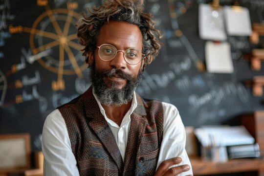 Confident math teacher standing in front of a chalkboard filled with equations