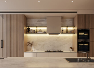 Minimal kitchen with top counter island table, beige color and wood slate, 3d illustration render