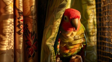 A mischievous parrot peering out from behind a curtain, feathers puffed up in curiosity.