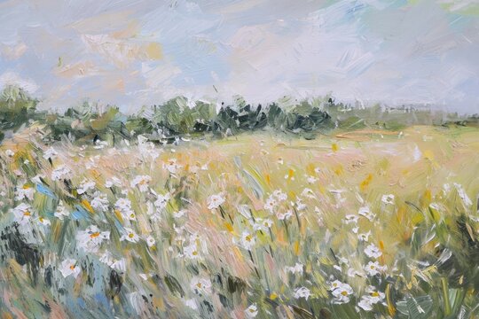 Daisy painting field landscape.