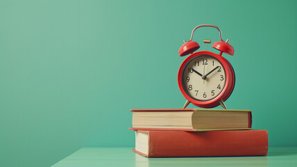 Red alarm clock and books on table against green background with copy space for text