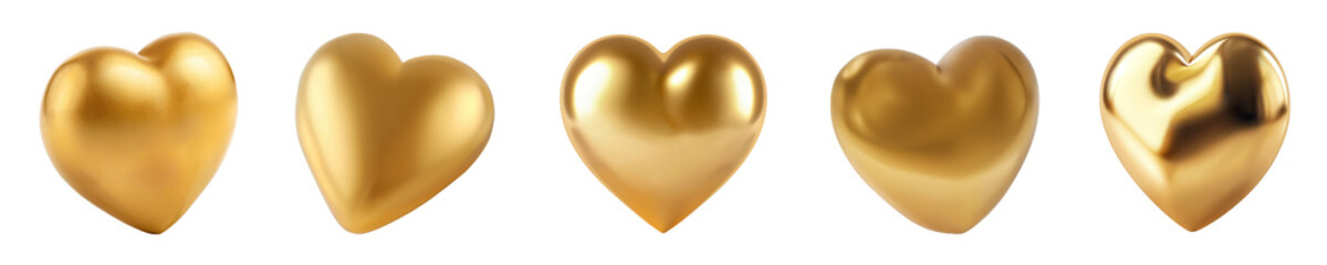 Set of golden hearts with smooth surface, transparent or isolated on white 