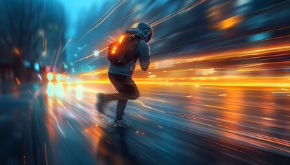 A hooded figure runs through a city street at night, with light trails streaking behind them.