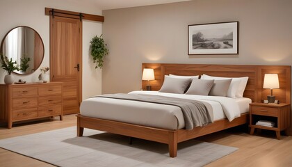 Cozy and meticulously designed bedroom featuring wooden furniture, and comfortable bedding.
