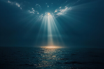 Night seascape. Bright rays of light through the clouds illuminate the sea at night. Generated by artificial intelligence - Powered by Adobe