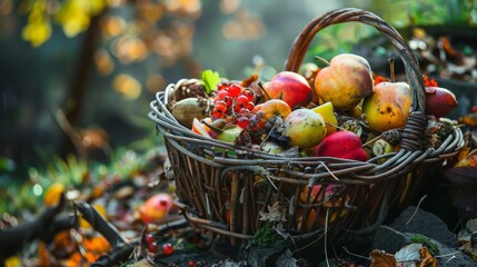 A basket brimming with an assortment of broken fruits with fruit debris scattered around