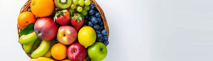 A topdown view of a basket filled with colorful fruits with light shining down