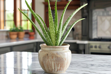 Aloe vera plant in a ceramic pot, placed on a marble countertop in a stylish kitchen.