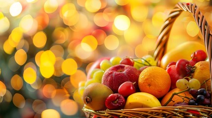 A closeup shot of a basket full of vibrant fruits with light shining down, set against a blurred garden background, bright and vivid colors, excellent for fresh and lively visuals