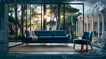 a living room with a large sofa and a large window.