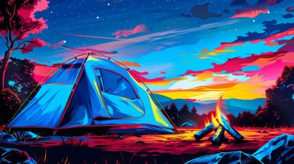 The image shows a beautiful lakeside camping scene with a tent, a campfire, and a starry night sky.