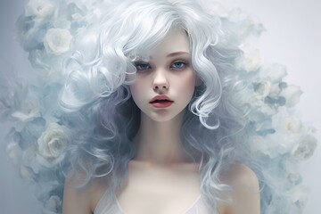 Artistic portrayal of a whimsical woman with white curly hair surrounded by delicate roses