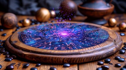 Seer casting fortunes with tarot card holograms, dusk light, medium angle, digital arcane studio, photographic style