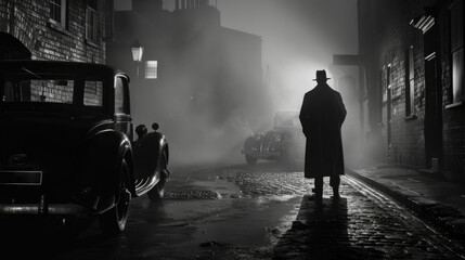 A man in a long coat walks down a foggy city street at night, his silhouette framed by streetlights and a vintage car parked in the background