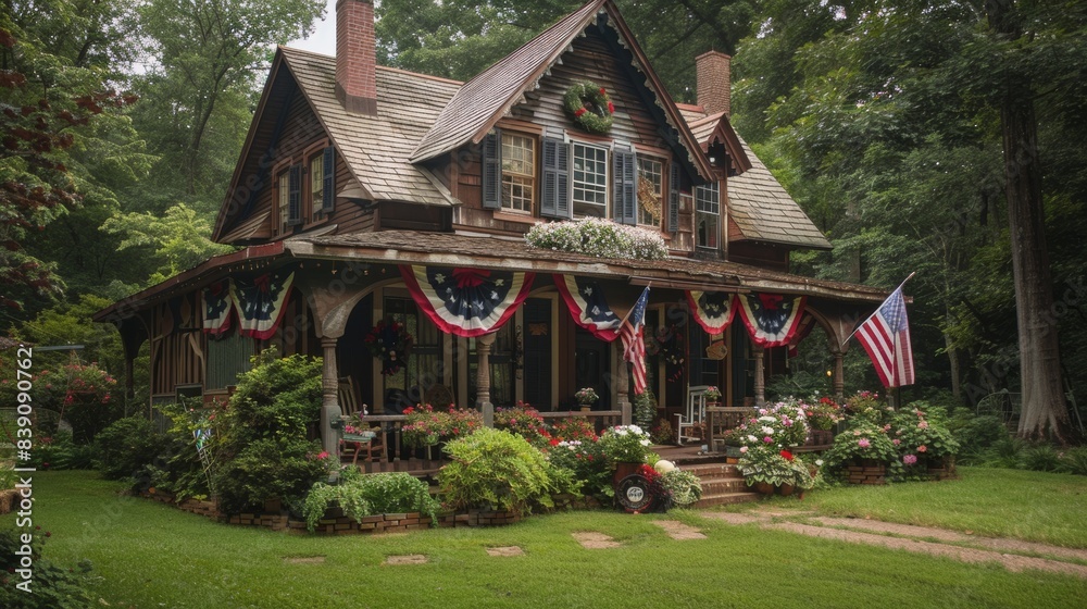 Wall mural independence day in usa. a country house decorated with american flags for independence day.